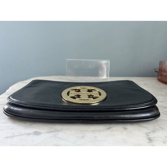 Tory Burch Reva Black Leather Purse Detachable Gold Chain Strap Crossbody Clutch - Picture 9 of 16